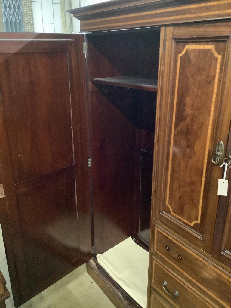 An Edwardian satinwood banded mahogany wardrobe, width 160cm, depth 56cm, height 206cm